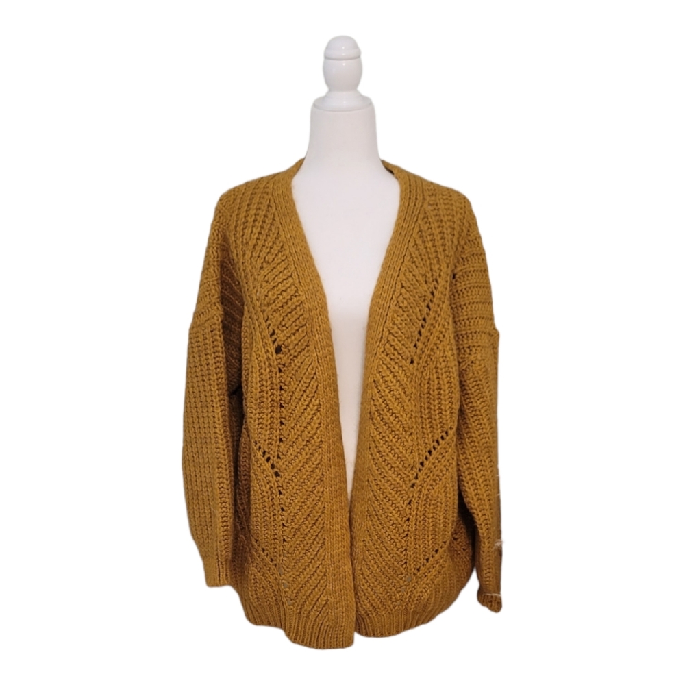 Chunky Knit Womens Mustard Yellow Cardigan Sweater Wool Alpaca Blend